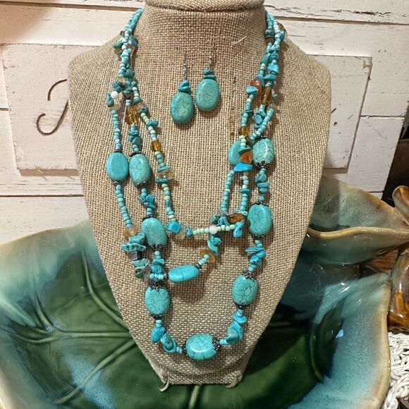 Hand Crafted Jewelry - Handcrafted Blue Multi Strand Turquoise Necklace & Earrings Set